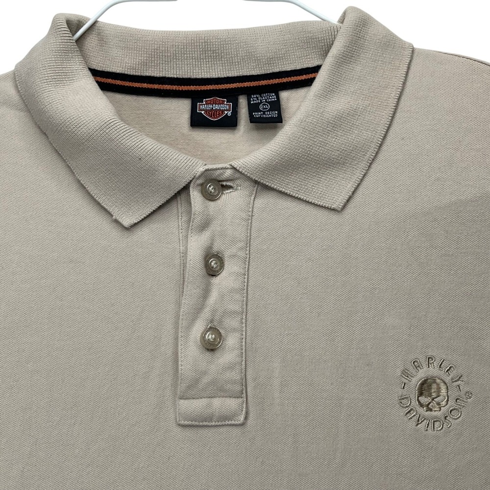 Harley-Davidson Polo Shirt Mens 2XL Tan Cotton Blend Willie G Skull Embroidered - Picture 1 of 14